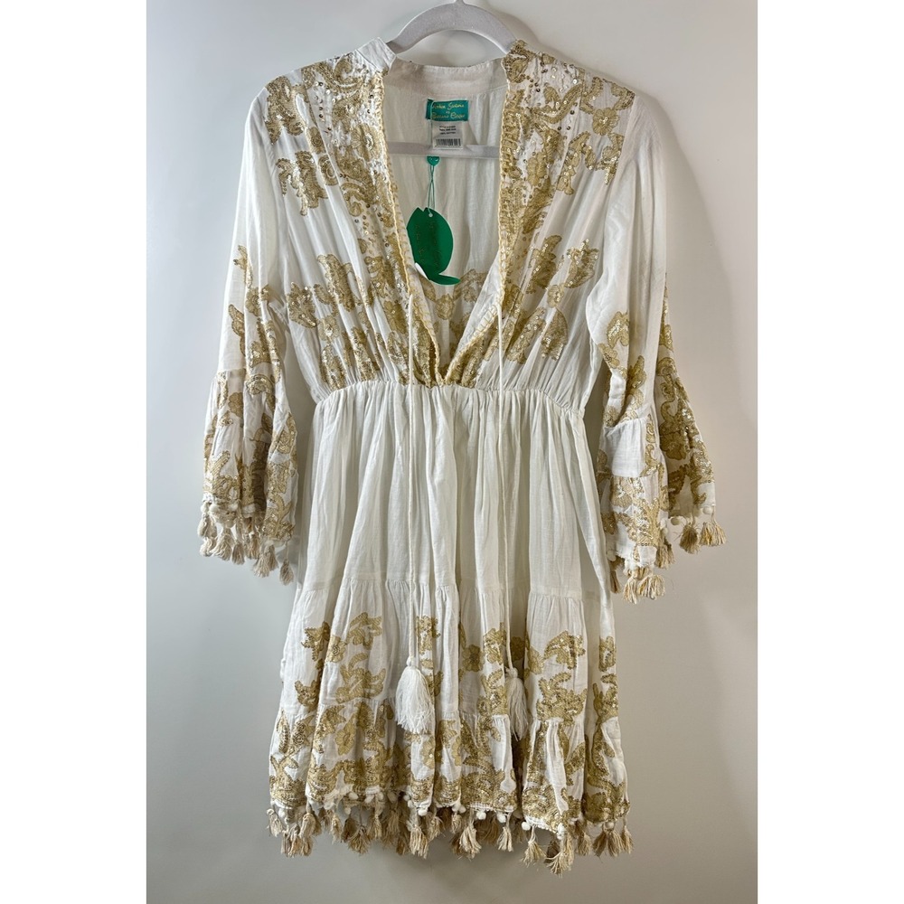 NWT Antica Sartoria Dress One Size White Gold Sequin Tassel Boho Beach Cotton - Picture 2 of 14